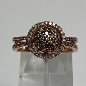 10K Rose Gold Champagne and White Diamond Cluster Pave Halo Ring 0.50ct Size 7